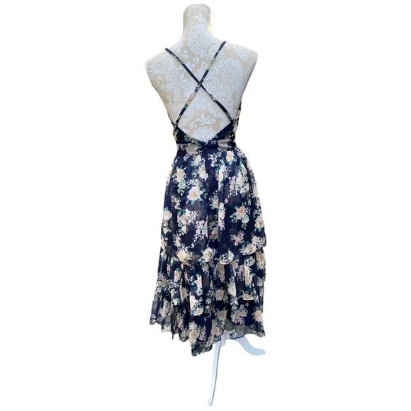Lulus Cultivate Crushes Navy Floral Print Tiered Ruffled Midi Dress Size S - Picture 3 of 12
